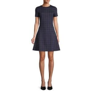 Lord & Taylor LP Navy Blue Windowpane Plaid Short Sleeve A-Line Dress